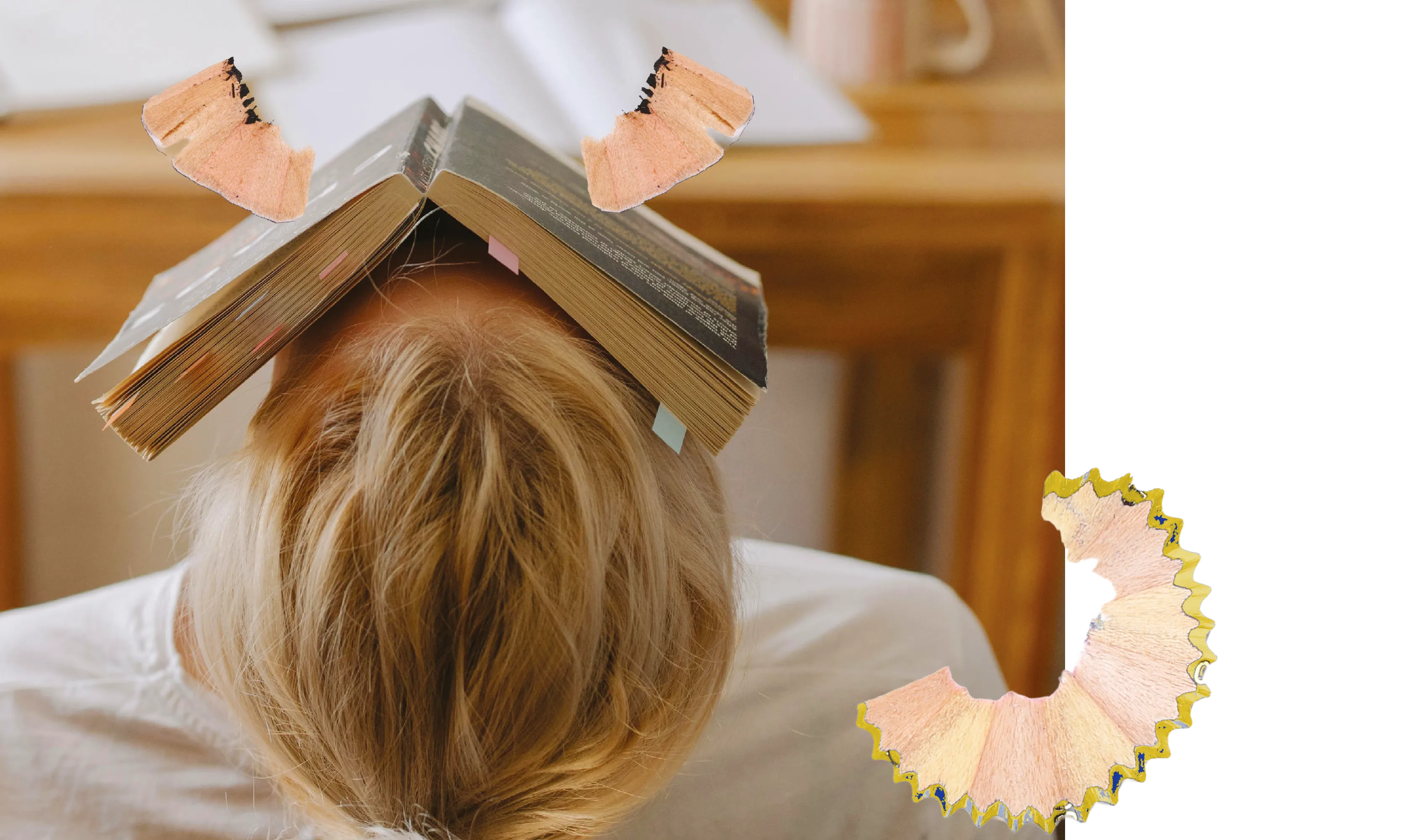 Ein Kind liegt mit einem aufgeschlagenen Buch auf dem Kopf auf dem Tisch, umgeben von dekorativen Bleistiftspänen.